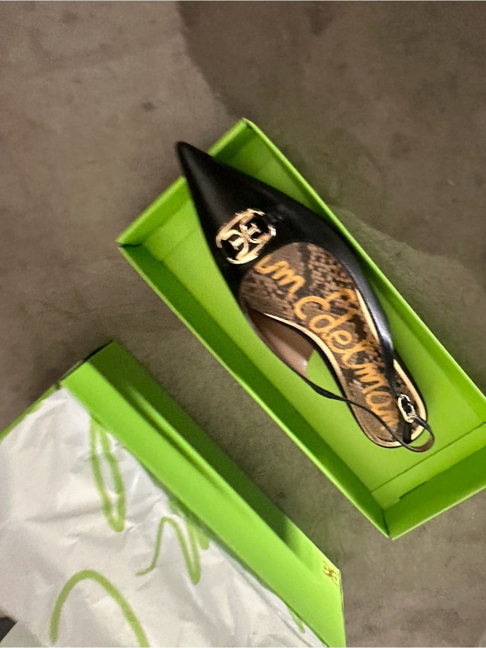 Sam Edelman Black Pointed Toe Slingback Heels with Gold Logo Accent